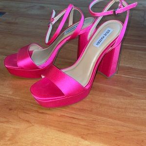 Bright pink satin platforms. Steve Madden. 8